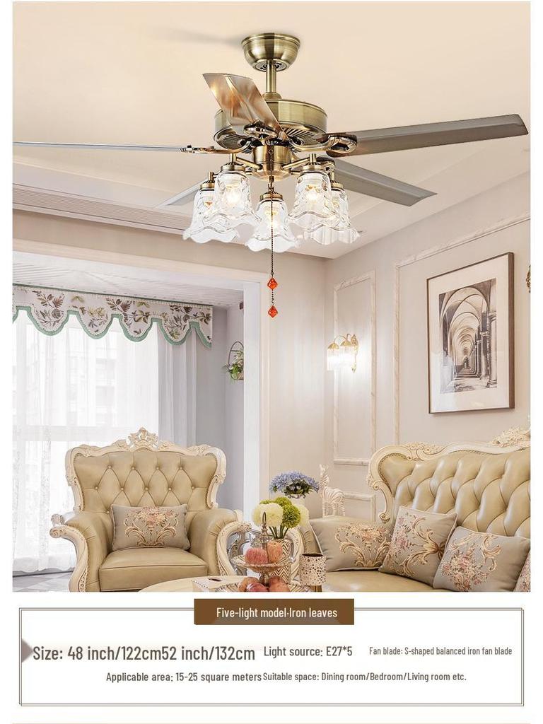 Европейский ретро потолочный светильник-вентилятор середины века с железными лопастями - Переменная частота, высокий воздушный поток для гостиных или ресторанов.