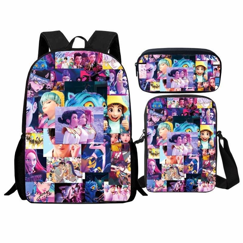 Kpop Hunter Girl Group Student Backpack Set 3-in-1 Cartoon School Bag with Shoulder Bag and Pencil Case