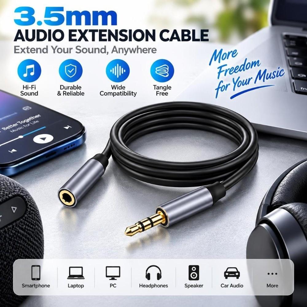 Stereo 3.5mm Audio Extension Cable Straight Plug Audio Extension Cord Headphone Listening