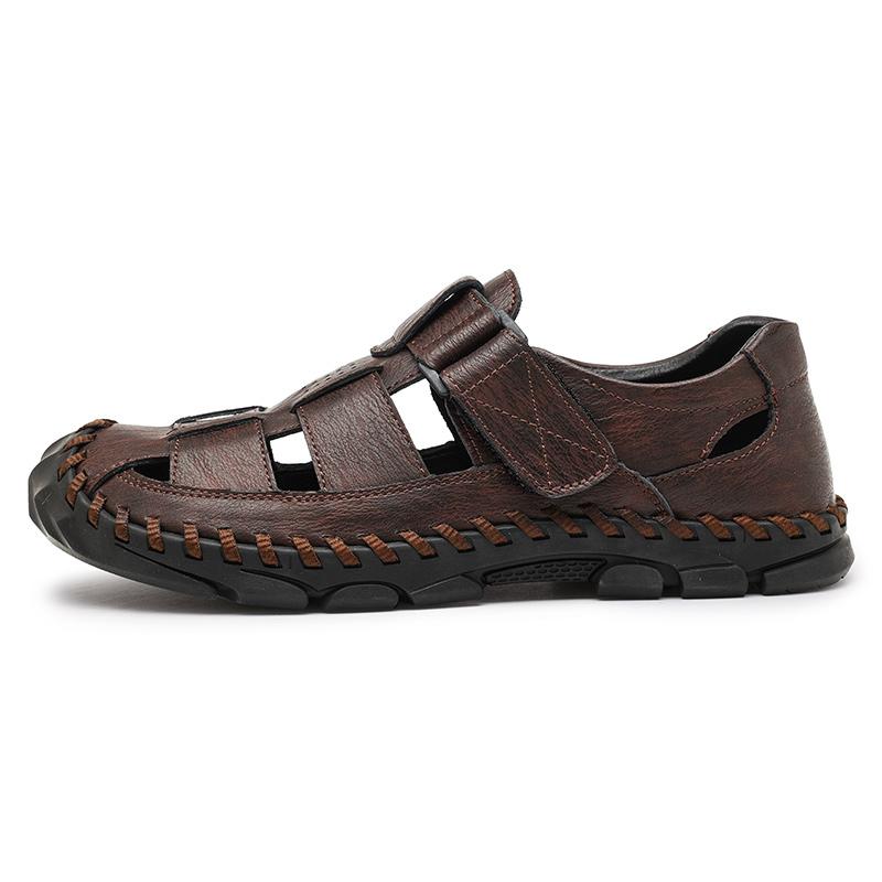 Plus Size Hand Stitching Men Genuine Leather Hollow Out Beach Sandals