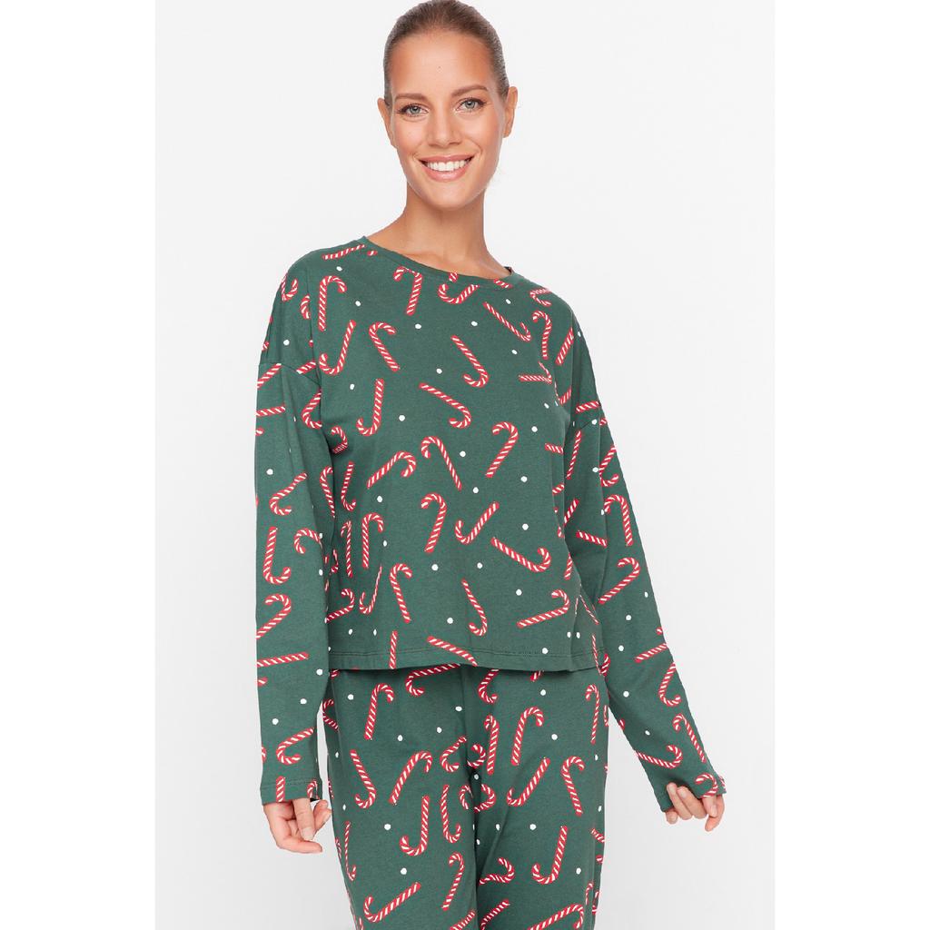 Темно-синий вязаный пижамный комплект с новогодним принтом Thmaw21pt0771