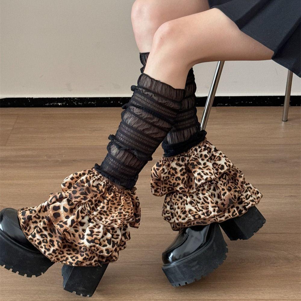 Winter Warm Ruffled Flared Leg Sleeve Leopard Print Tiered Piled Calf Socks Ruched Leg Warmer