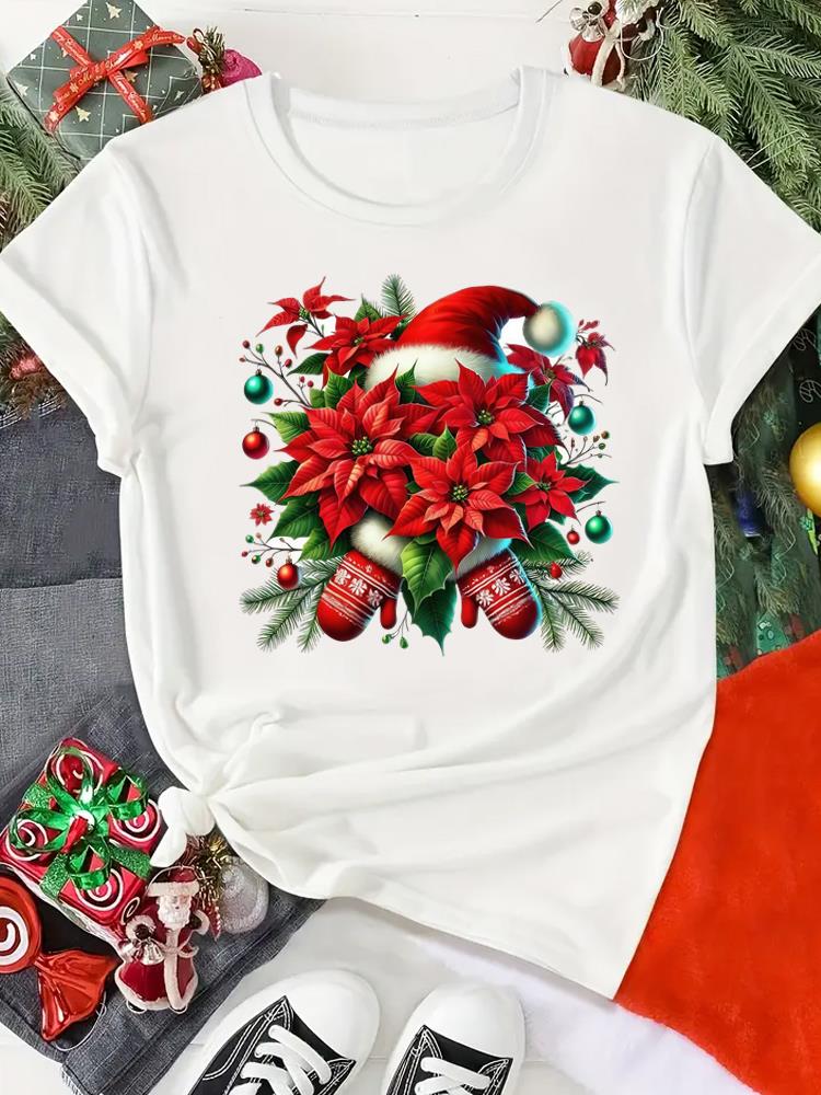 (Asian Size) Print Merry Christmas O-neck Women's Top New Year T Clothing Tree Lovely Style Cute Short Sleeve T-shirts Fashion Holiday Graphic Tee