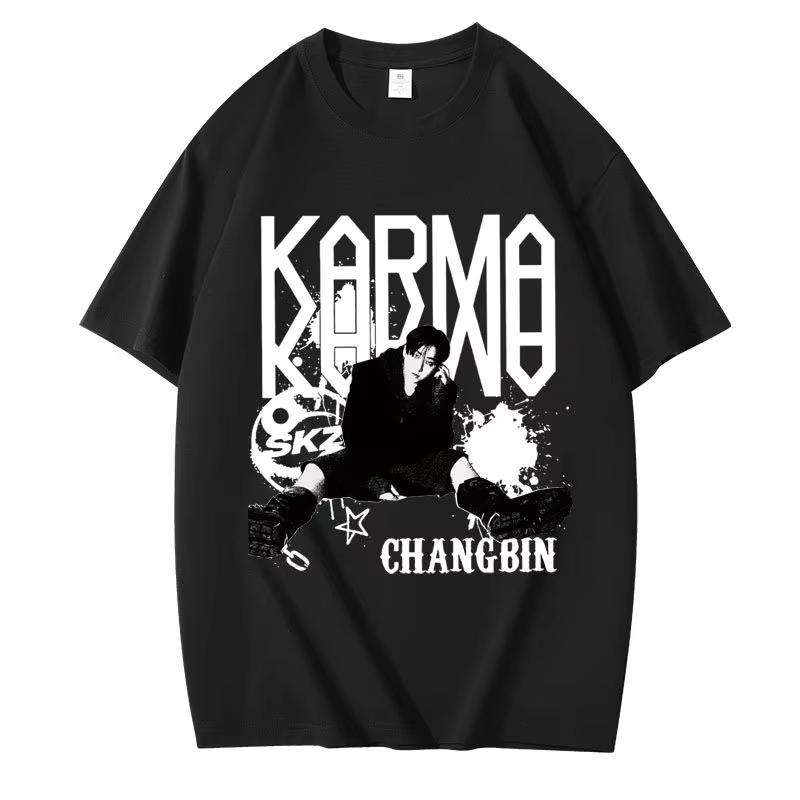 KPOP Четвертый Альбом KARMA Футболка ЧАНБИН ХЁНДЖИН ФЕЛИКС Корейская Мода Летняя Хлопковая Хип-Хоп Футболка Харадзюку Топы Уличная Одежда