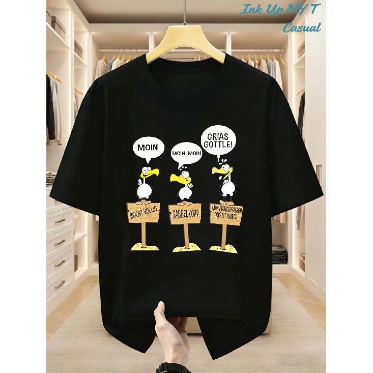 Men's Funny Seagulls Tourist T-Shirt - Bohemian Style Short Sleeve Crew Neck Shirt with Seagull & Lettering Print, Slight Stretch Fabric Suitable for