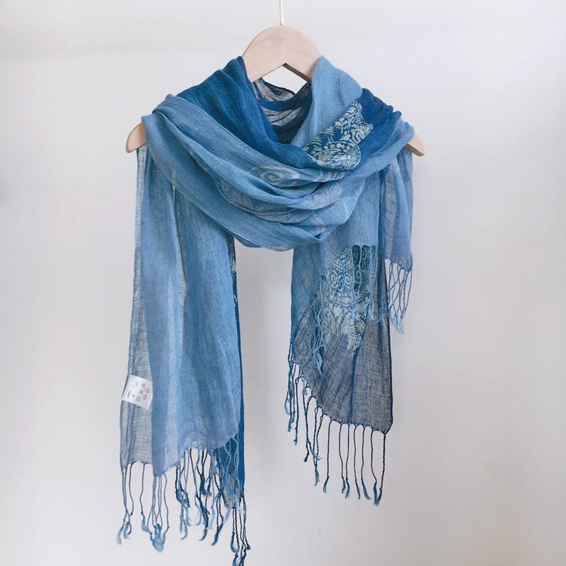 Printing Gradual Change Color Linen Batik Scarf Blue Versatile Ethnic Style Retro Silk Scarf Thin Light Breathable Yarn