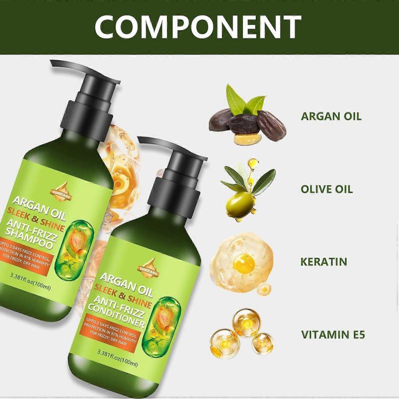 Argan Oil Sleek & Shine Shampoo, Conditioner + Leave-In Conditioner Set for Frizzy, Dry Hair, Plant Keratin + Argan Oil for All Hair Types