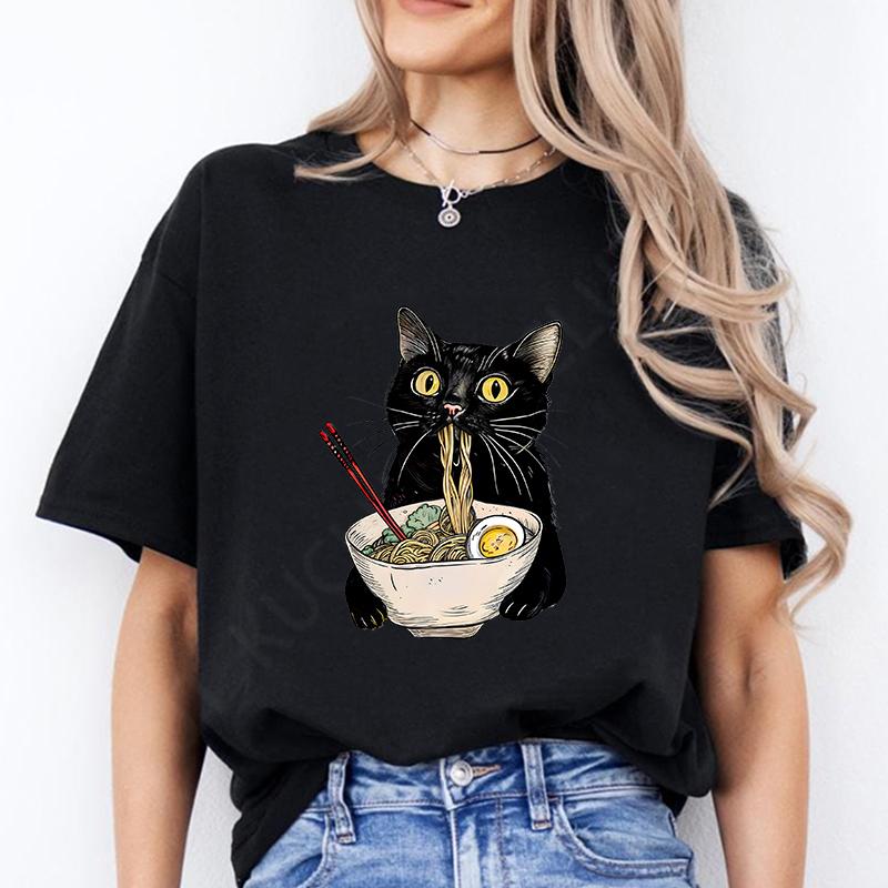 Noodle Cat Женские футболки Смешные Ramen Черная футболка с кошкой Женская одежда Обычные топы с коротким рукавом Женская мода Футболки с мультяшной графикой Женские