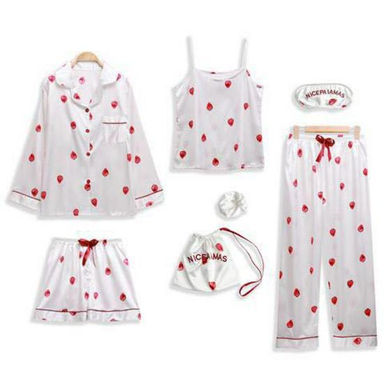 "Korean Striped Women's Seven-Piece Pajama Set for All Seasons"