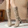 New Style Round Toe Pin Buckle Fashion High Heel Mid-calf Boots Comfortable Side Zipper Solid Color Simple Winter Women's Shoes