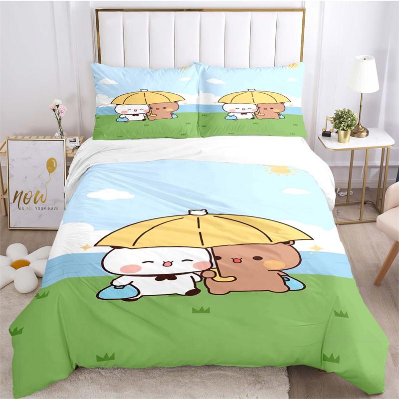 Bear and Bunny on Crescent Moon Print Bedding Set, Night Sky Starry Bed Linen(1 * duvet cover + 2 * pillowcase, without core)