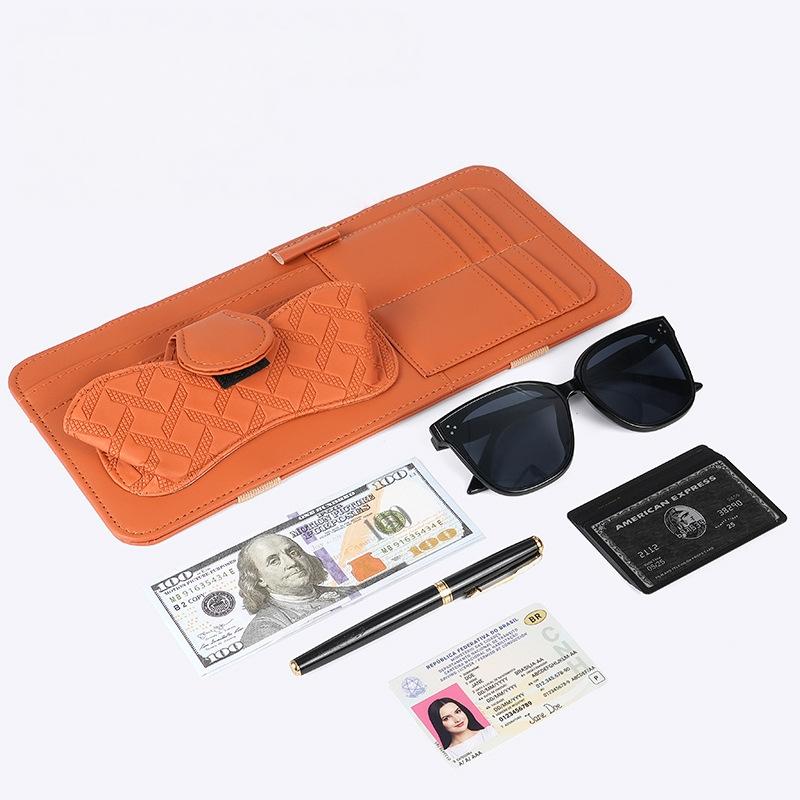 Car Sun Visor Organizer - Premium PU Leather Multifunctional Storage Box with Fashion Glasses Clip, Card Slots & Pen Holders