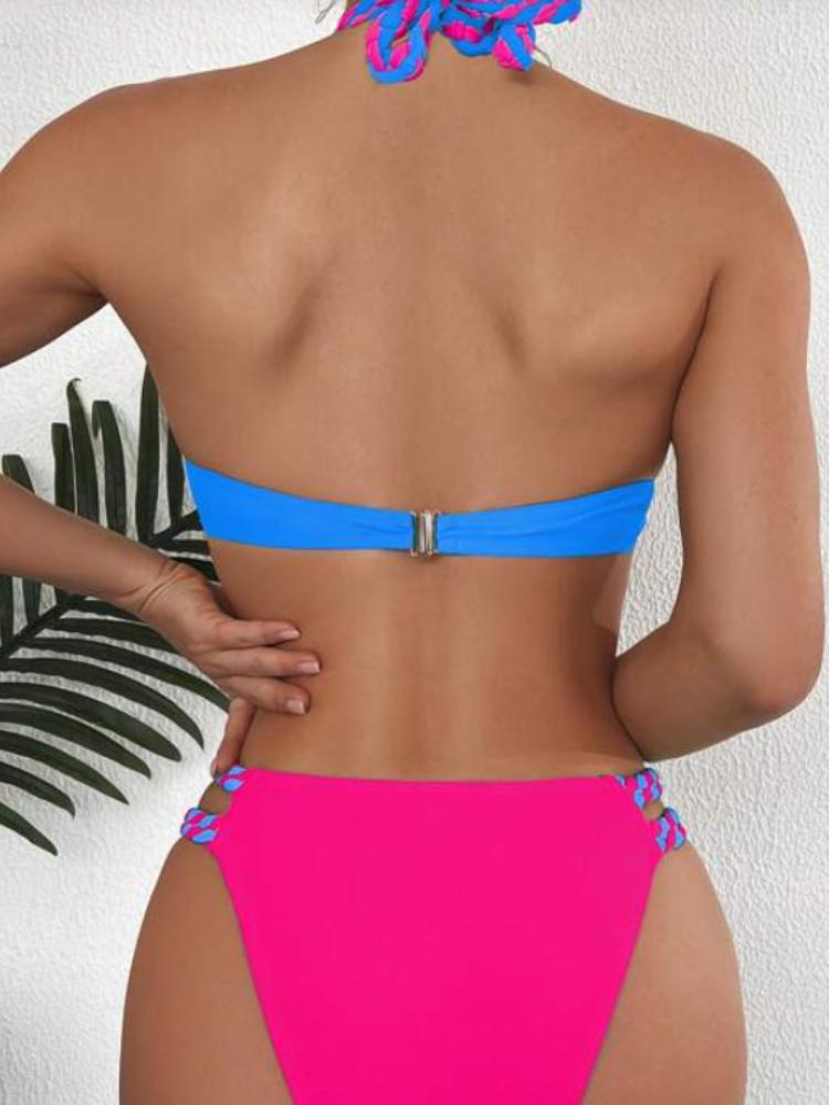 Лето Новое бикини для пляжной вечеринки женский сплит сплошной цвет стальная пластина сексуальный купальник бикини с контрастной строчкой