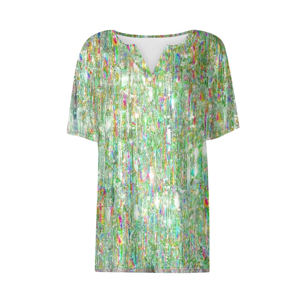 Женская повседневная футболка с v-образным вырезом и короткими рукавами с блестками и декоративными пуговицами, топ