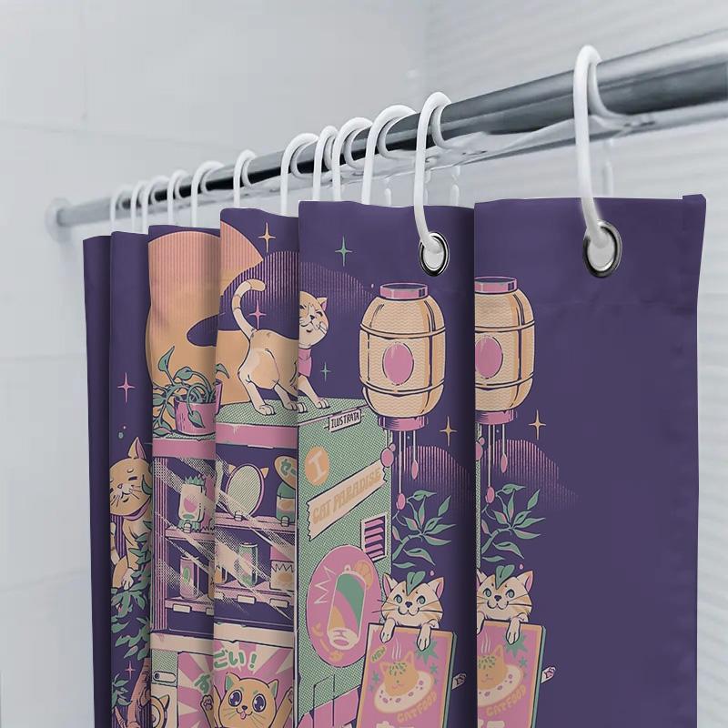 Japanese Cat Ramen Shop Anime Shower Curtain Waterproof Bathroom Decor Japanese Style Cute Kawaii Room Divider Backdrop