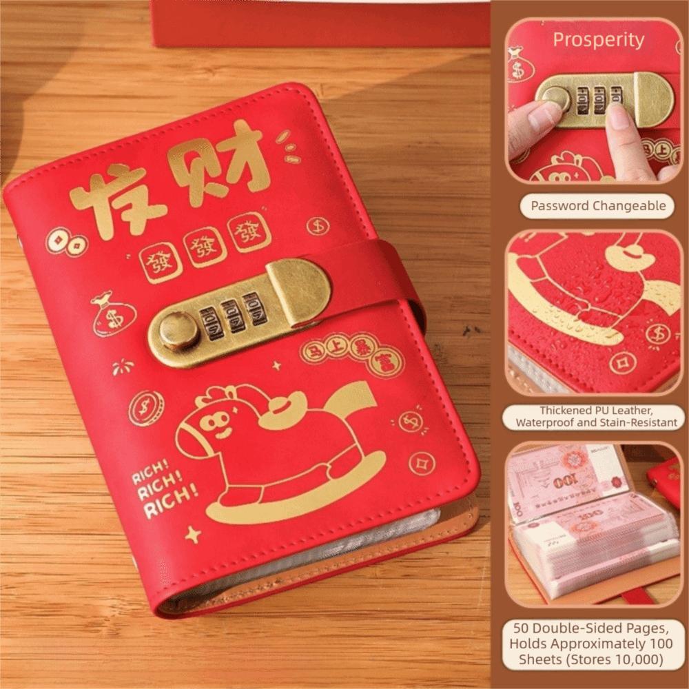 100 Envelopes Money Saving Challenge New Year Horse Waterproof Binder Savings Challenges Book PU With Password Lock