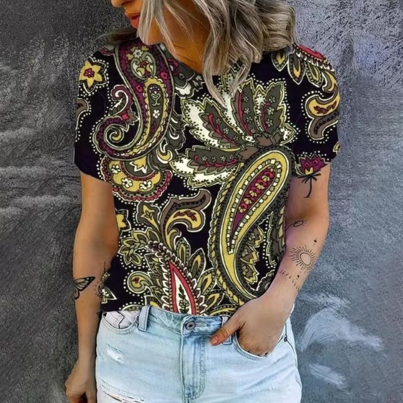 Elegant Women's T-shirt Fashion Retro Flower 3D Pattern Print T-shirt Women's Short Sleeved T-shirt Summer Leisure T-shirt
