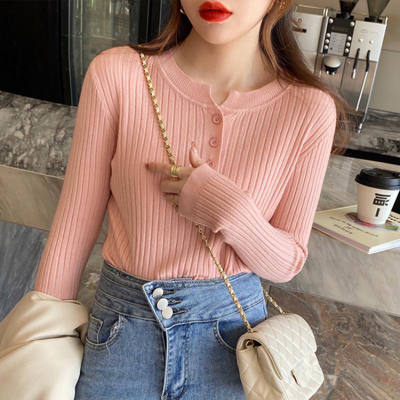 Осенний длинный рукав облегающий вязаный свитер женский зимний новый базовый пуловер женские свитера топы элегантные пуговицы круглый вырез женские вязаные джемперы 25858