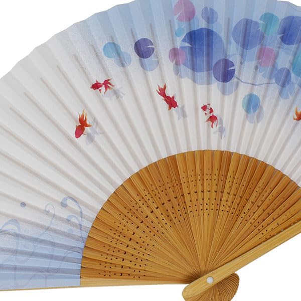 Kimono Folding White Bamboo with Goldfish [Stylish Iroha] Women's Fan, Scented, Design, 19.5cm