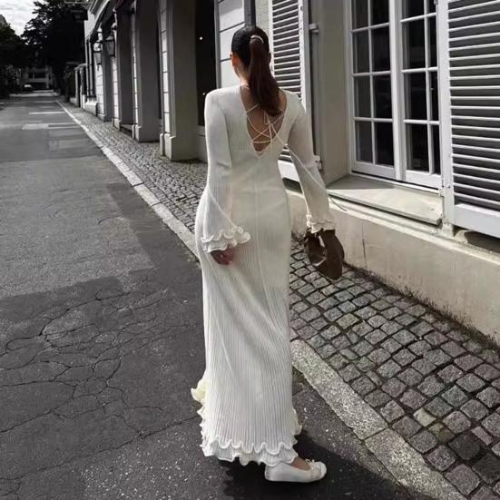 Женское платье макси с круглым вырезом сзади, на шнуровке, с открытой спиной, вязаное платье, однотонное, облегающее, с рюшами, длинное платье