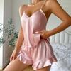 Women's Summer Comfortable Ice Silk Homewear 2 Piece Camisole and Lace Up Shorts Pajama Set Solid Loungewear