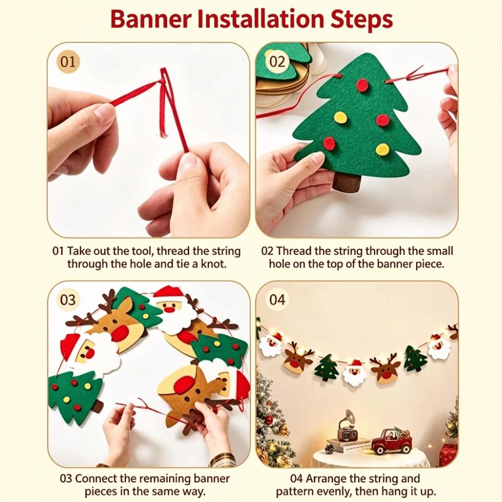 LED Light String Luminous Christmas Banner Felt Material Xmas Wall Hanging Garland Festival Decor