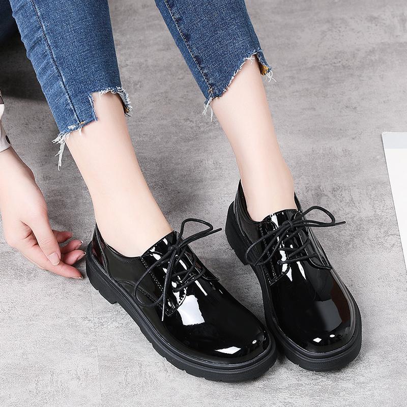 Spring British Style Student Girl Leather Shoes Full Black Office Business Lace Up Women Oxford
