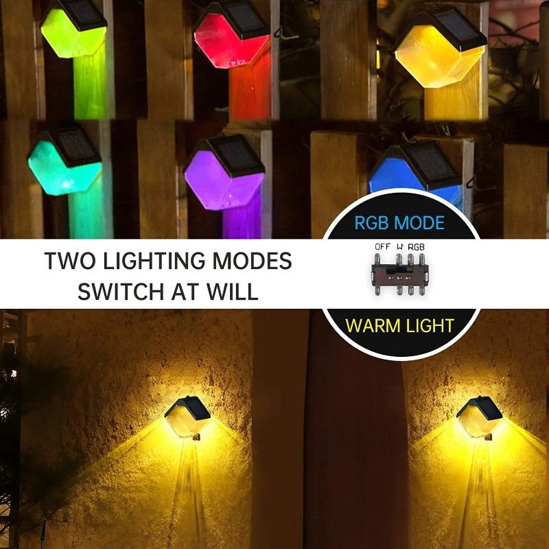 Solar Fence Lights Warm/RGB Color Changing Solar Wall Light Outdoor Waterproof LED Solar Decorative Lighting for Step Backyard