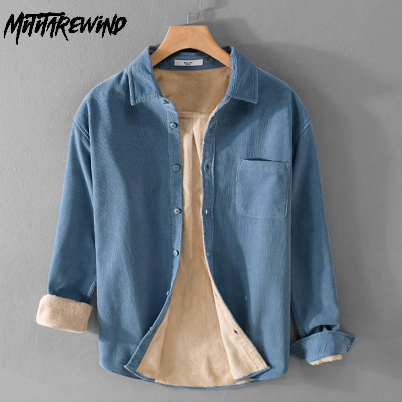 Зимние теплые мужские топы, повседневная повседневная простая мужская одежда, однотонная, с отложным воротником, длинным рукавом, вельветовая флисовая рубашка с карманом