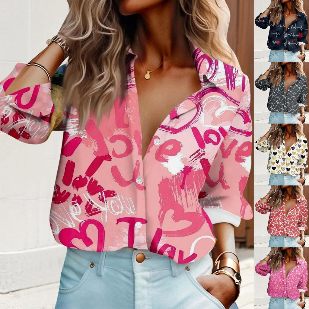 Женская рубашка-блузка с принтом «Любовь» на день святого Валентина и длинными рукавами, повседневная базовая рубашка с воротником, обычный топ