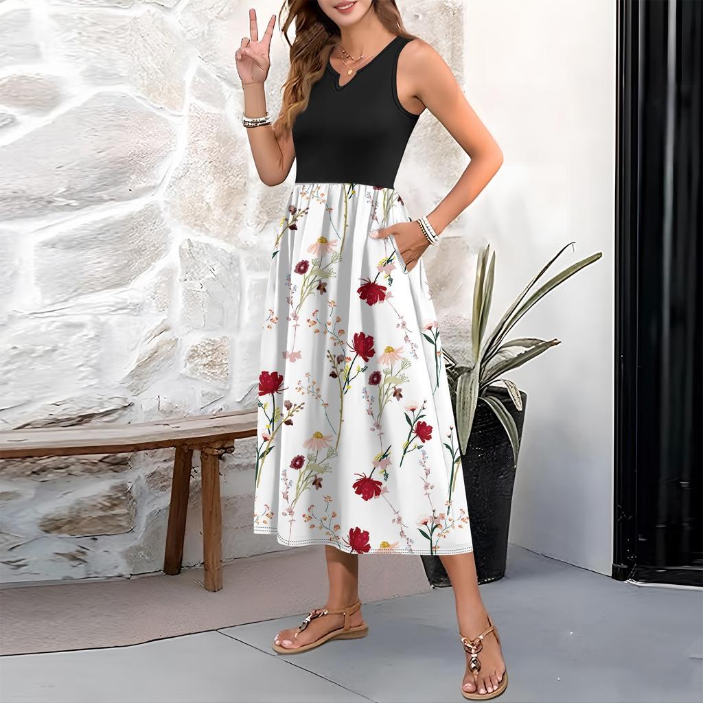 Женское платье без рукавов с цветочным принтом и высокой талией, модное и элегантное