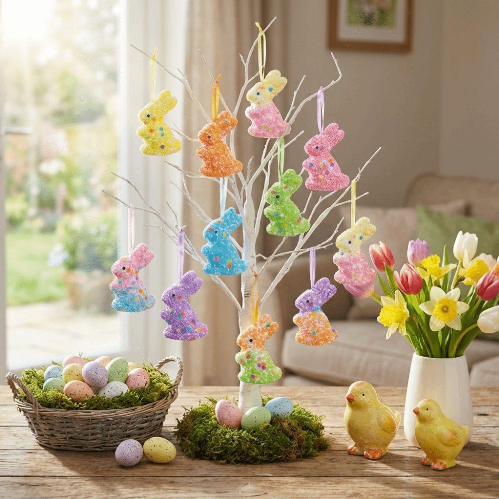 6Pcs Handmade Colorful Foam Easter Rabbit Animal Mold Painted Easter Tree Pendants Sparkle Hanging Easter Bunny Decor Kids Gift