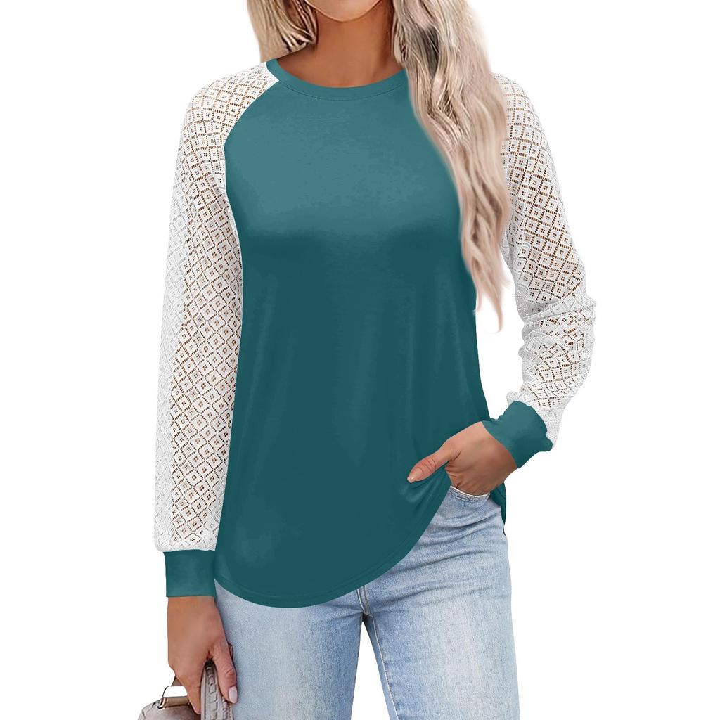 Women's  Long Sleeve  T Shirts Round Neck Lace Tops  Casual Blouses Trendy  Fashion Top