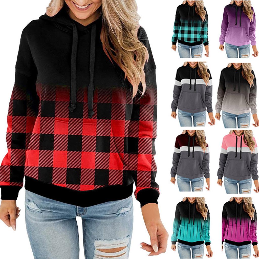 Ladies Hooded Plaid Print Long Sleeve Sweatshirt Loose Women Drawstring Sweatshirt