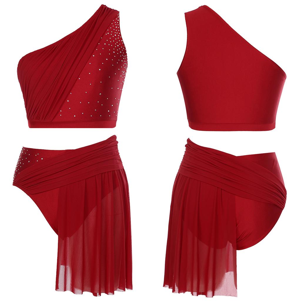 Женский лирический танцевальный костюм, укороченный топ на одно плечо с сетчатой юбкой, трусы, двухкомпонентный современный наряд
