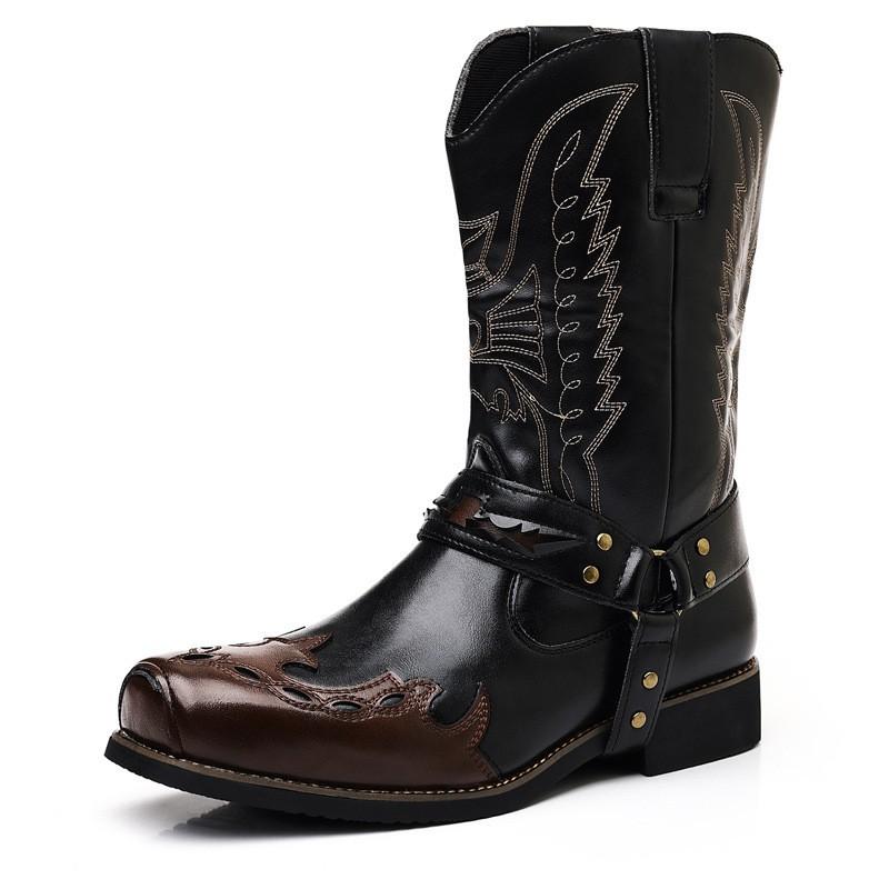 Мужские кожаные сапоги в западном стиле, с квадратным носком, средней высоты, для верховой езды, повседневные, модные, на толстой подошве