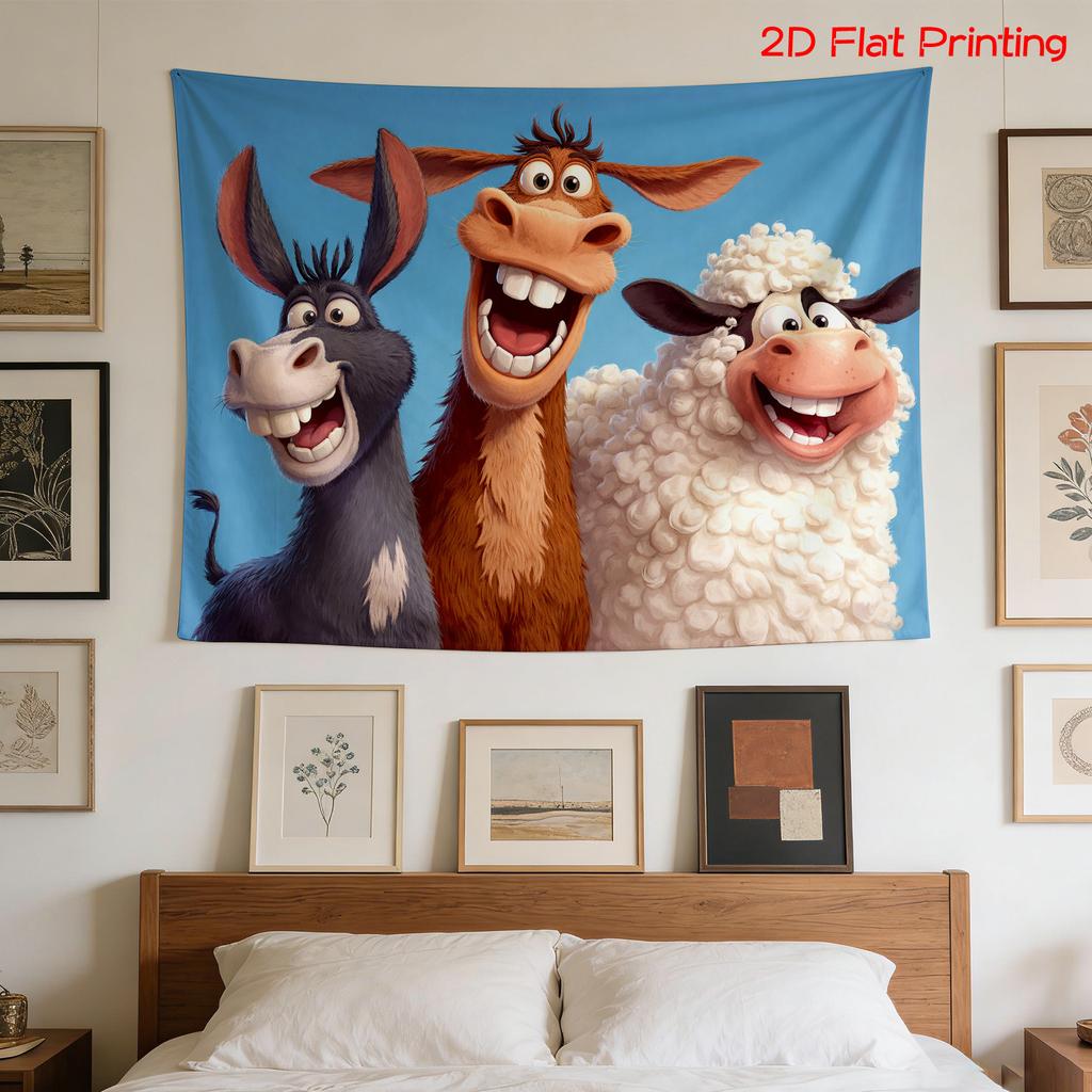 Funny Farm Animals Tapestry Donkey Horse Sheep Laughing Wall Hanging Cute Cartoon Room Decor suitable for use in offices bars