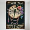 Vintage Dark Teal Metal Sign with Dragonfly, Roses & Clock - What If Fall? What If You Fly? Retha Signature Home Wall Decor for