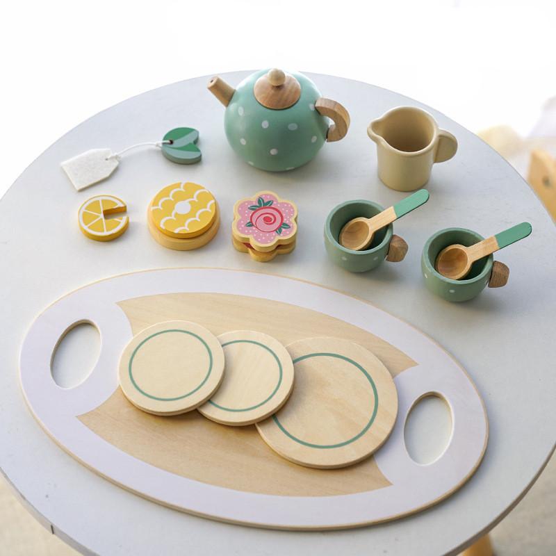 Children Play Tea Set With Wooden Cake And Pots For Creative Kitchen Pretend Games