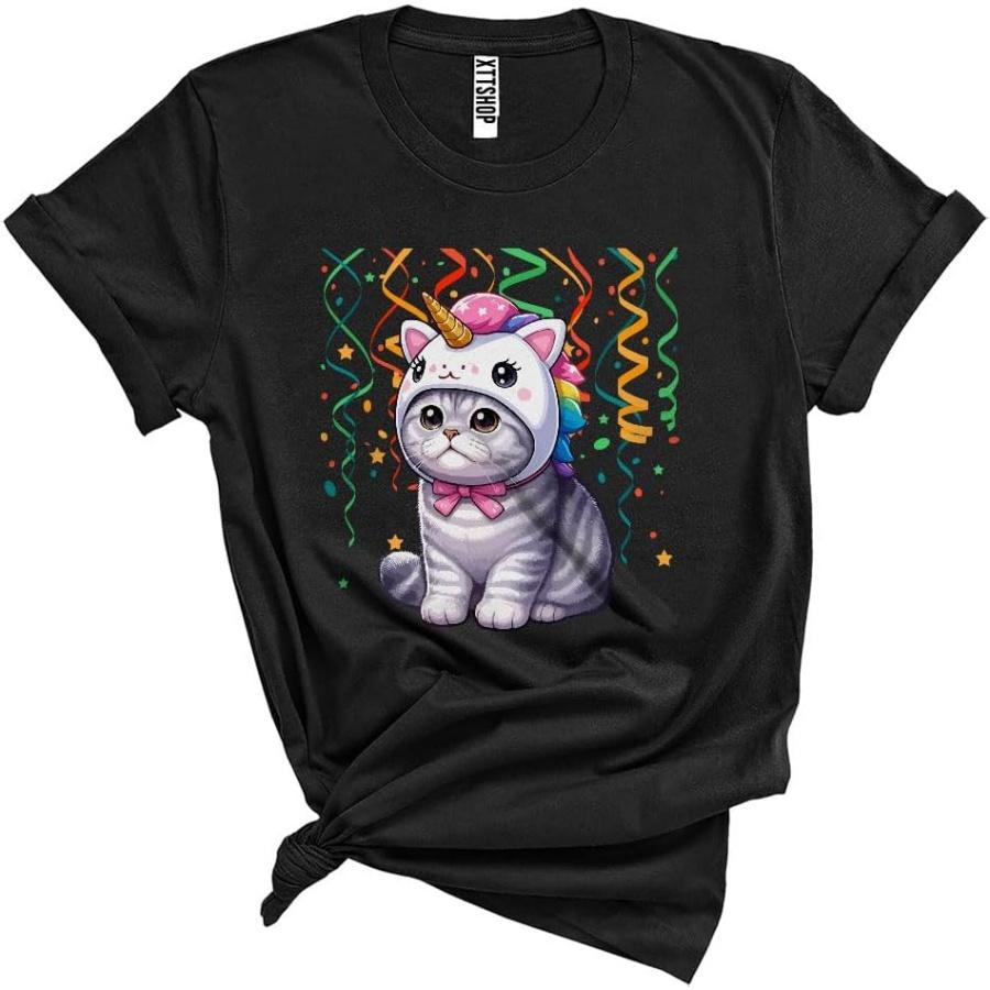 CUTEBUNNYSTORE British Shorthair Unicorn, Funny Cute British Shorthair Cat Wearing Unicorn Owner Lover Unisex T-Shirt Black