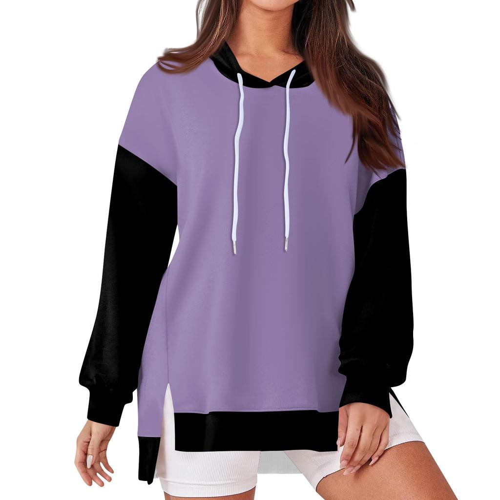Women's Fashionable Casual Hoodie Long Sleeved Drawstring Pullover Solid Color Splicing Printed Loose Slit Sweatshirt