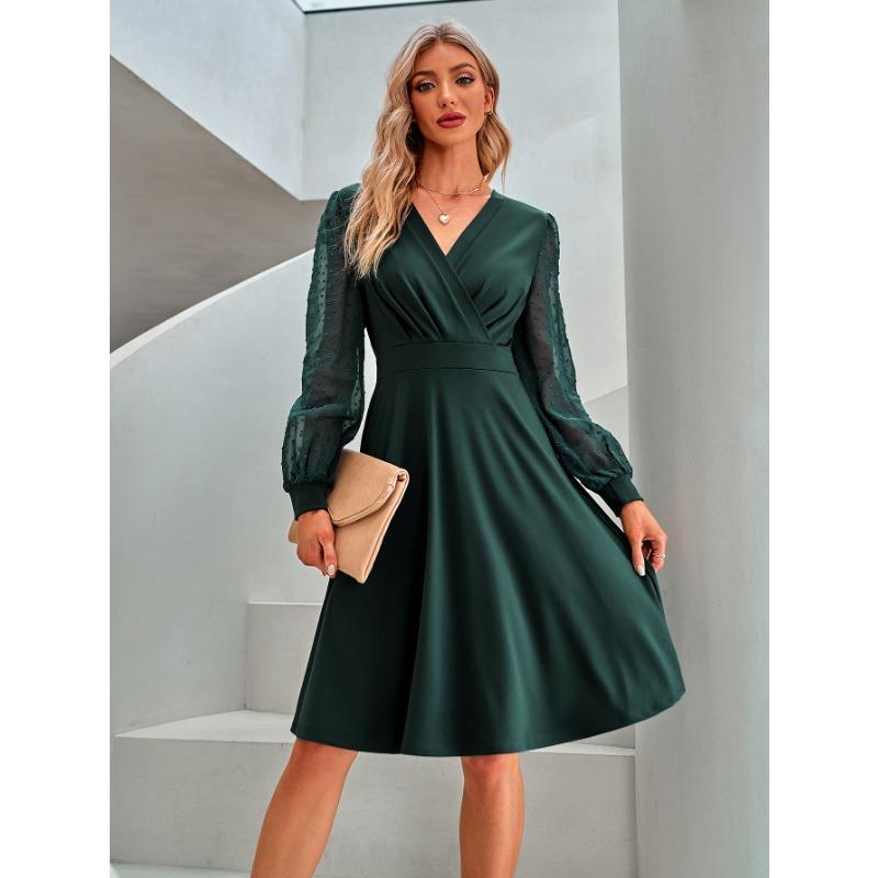 Весенне-осеннее женское платье, однотонное трендовое жаккардовое платье с длинным рукавом и v-образным вырезом