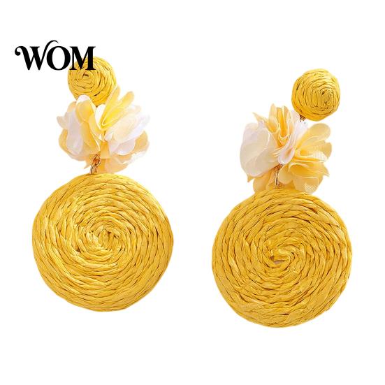 Lightweight Ear Accessories 1 Pair Raffia Flower Earrings for Women, Handmade Boho Rattan Soft Color Travel Round Drop Dangle Earrings, Woven