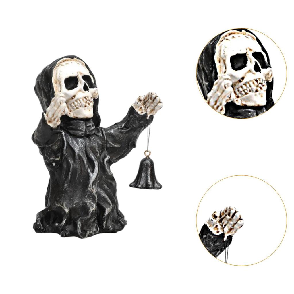 Halloween Skull Statue Holding Bell Figure Bookshelf Desktop Evil Resin Figurine