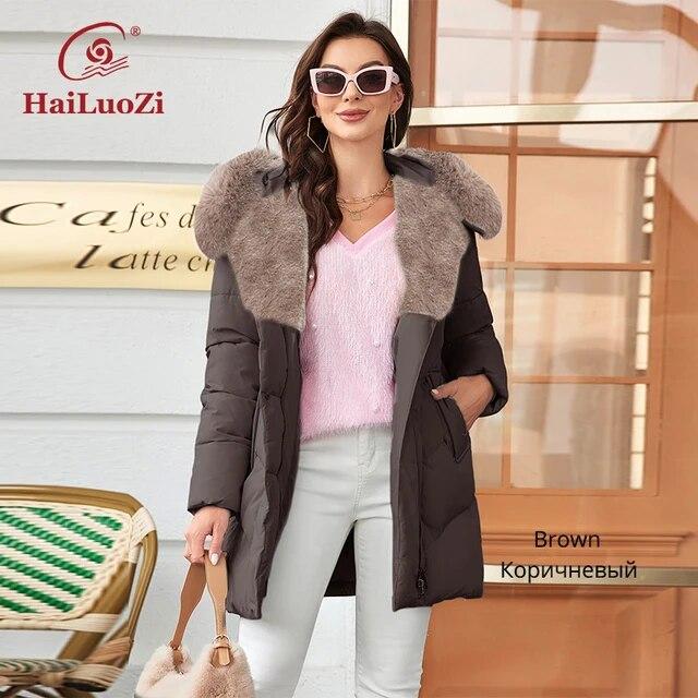 HaiLuoZi 2023 New Winter Down Jacket Warm Hood with Detached Fur Short Female Outwear Elegent Solid Color Thick Coats Women 1158