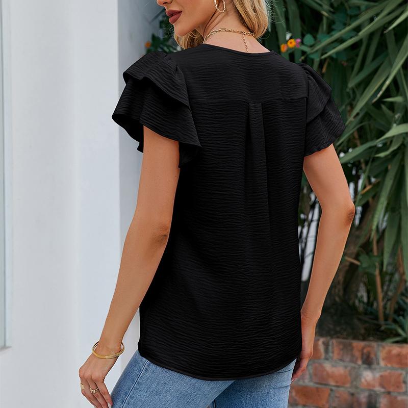 Женская шифоновая блузка, повседневные летние топы с v-образным вырезом и короткими рукавами с оборками и краями