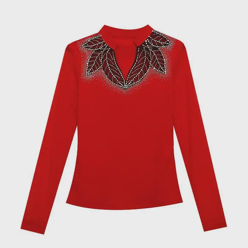 Осенняя дизайнерская облегающая блузка с длинными рукавами 2023 года с яркими ромбовидными деталями для женщин