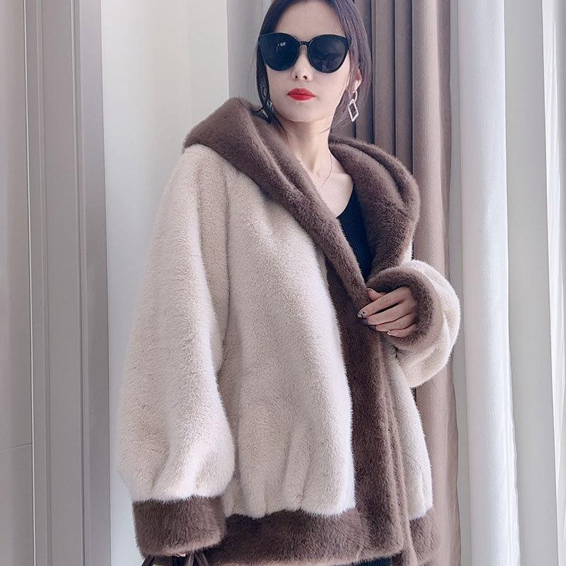 Куртка из искусственного меха норки контрастного цвета с капюшоном, женская, с мехом, с интегрированным толстым теплым длинным рукавом