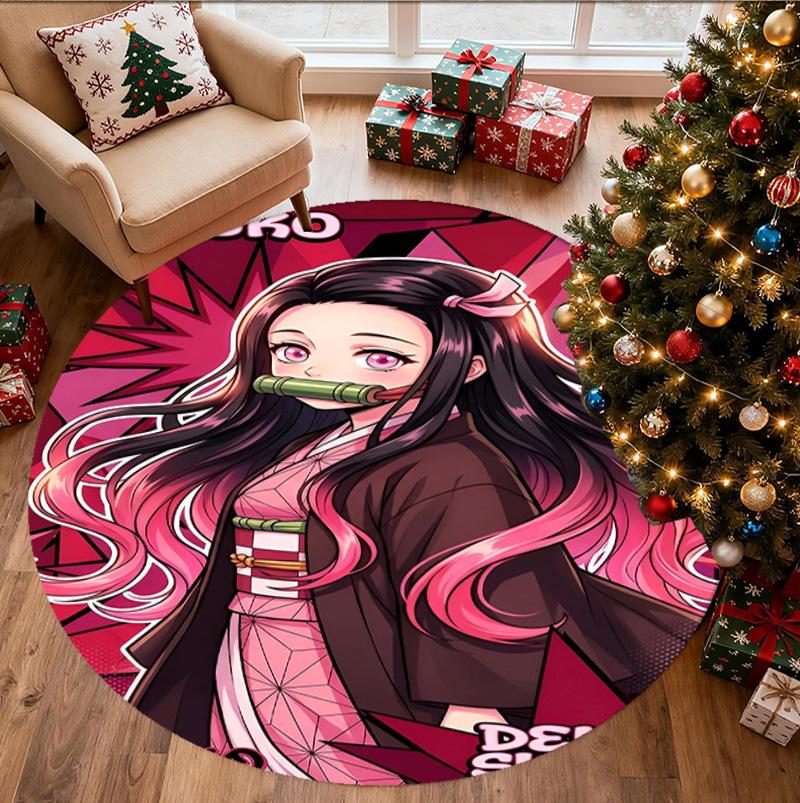 Demon Slayer Pattern Round Rug, Indoor/Outdoor Mat, for Picnic, Gameroom, Bedroom, Office, Living Room, Home Decor Carpet, Birthday Gift
