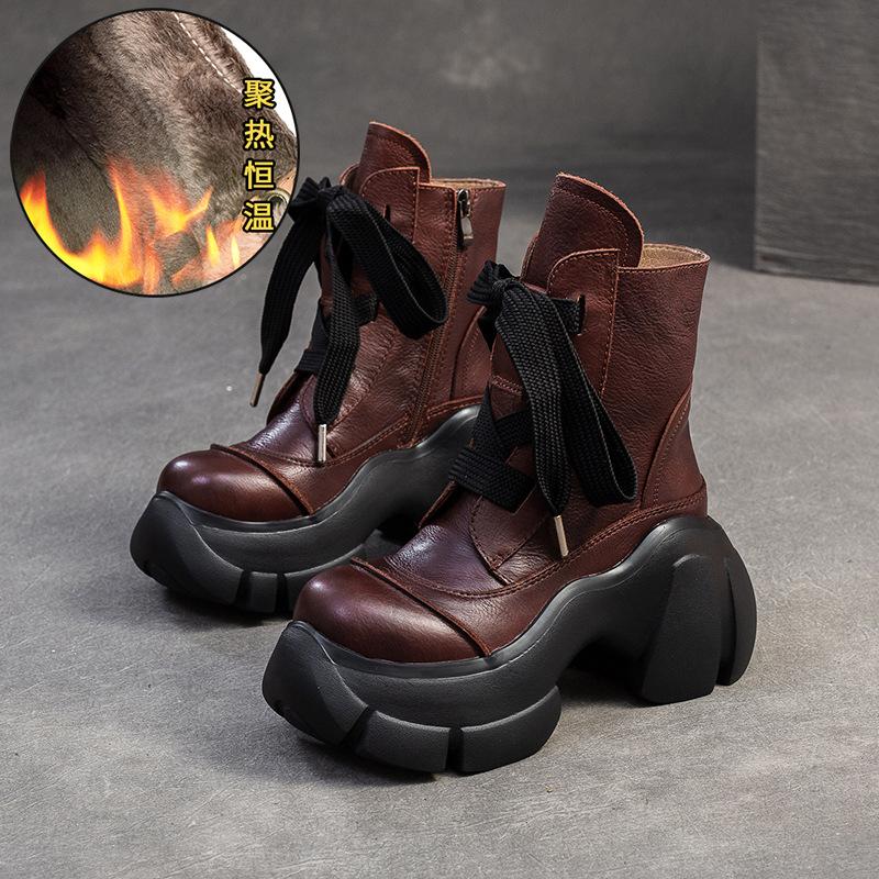 GKTINOO Ретро Ботильоны на Толстой Подошве 2025 Осень Зима Новые Натуральная Кожа Круглый Носок Однотонные Универсальные Туфли на Платформе